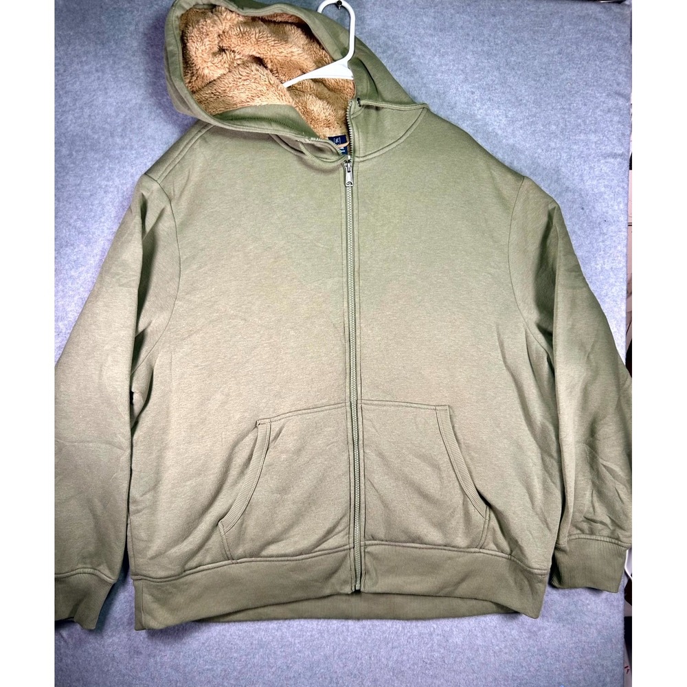 George Hoodie Mens 3XL Olive Green Cotton Sherpa Lined Soft Winter Full Zip